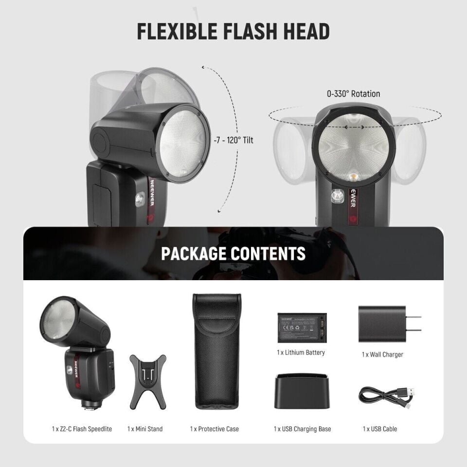 Neewer Z2PRO-F Fujifilm Uyumlu 76W Yuvarlak Kafa Akülü Tepe Flaşı