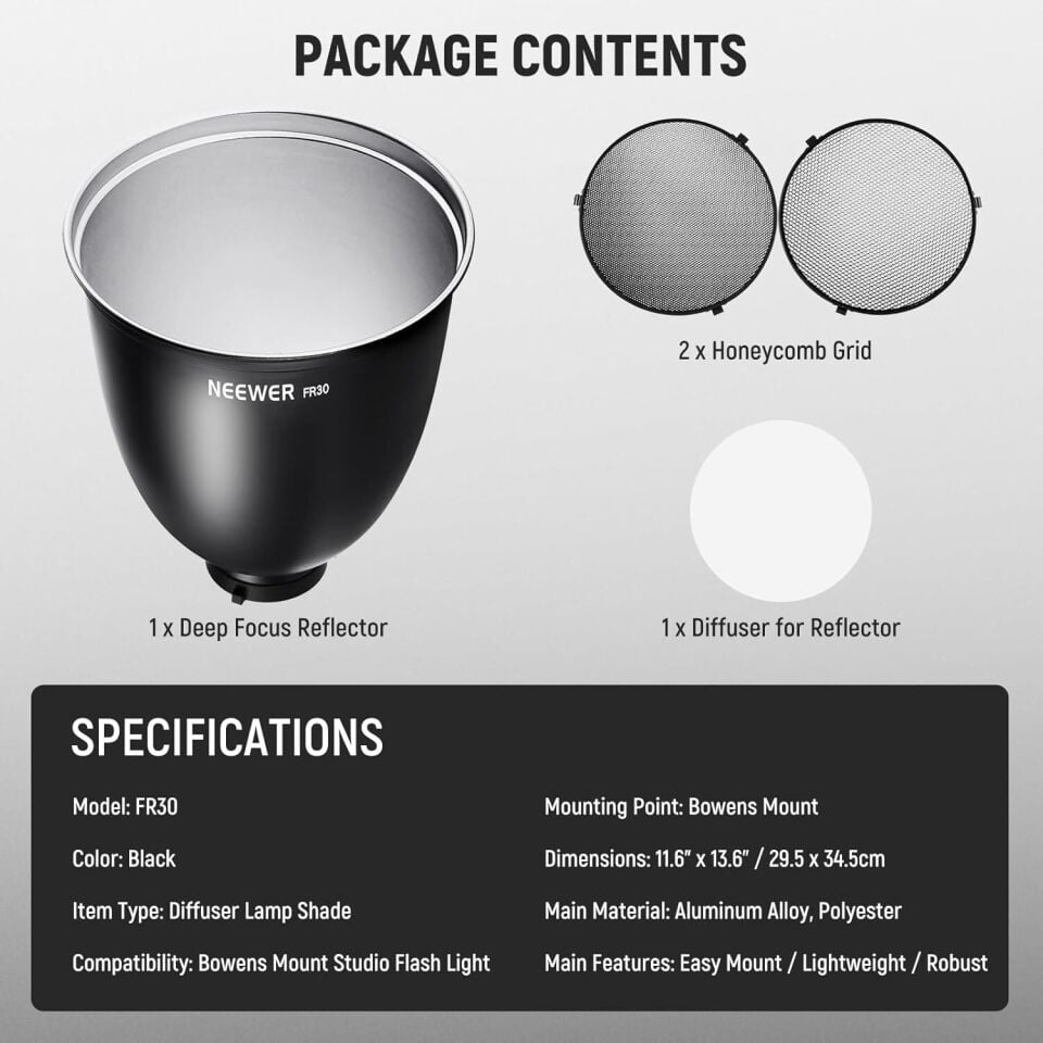 NEEWER FR30 11.6'' 29.5cm Deep Focus Reflektör ve Petek Seti