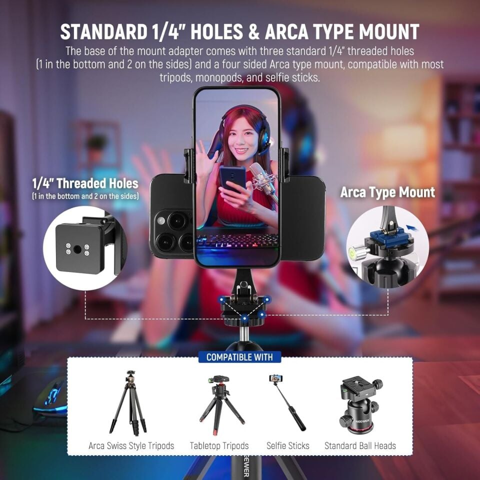 NEEWER SP-08 Metal Telefon Tripod Montaj Adaptörü (Çift Telefon Tutuculu)