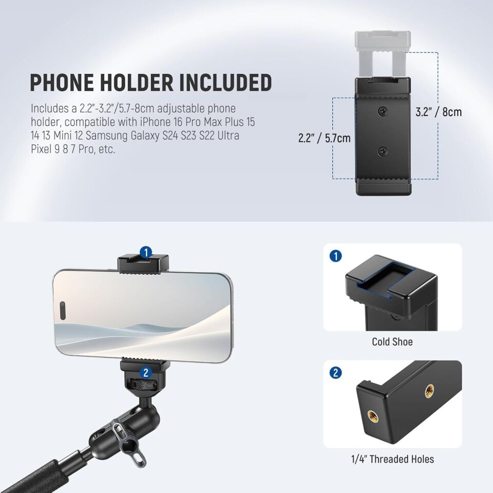 NEEWER UA057 22'' (55 cm) Mafsallı Magic Arm Süper Kelepçe ve Telefon Tutucu Kiti